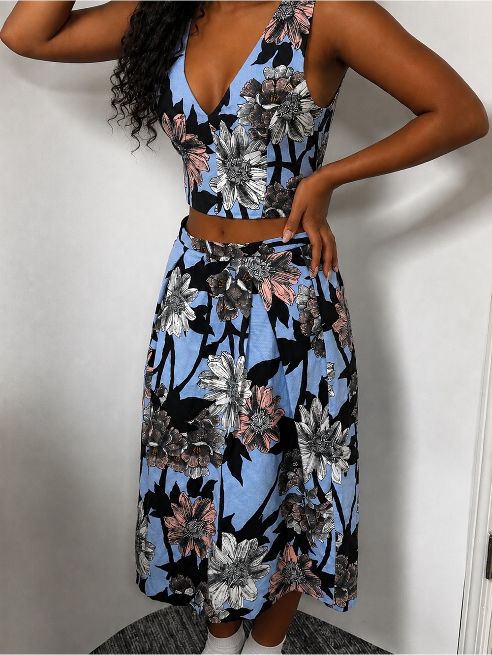 Miss Selfridge Floral 2pc Crop Top & Midi Skirt Set